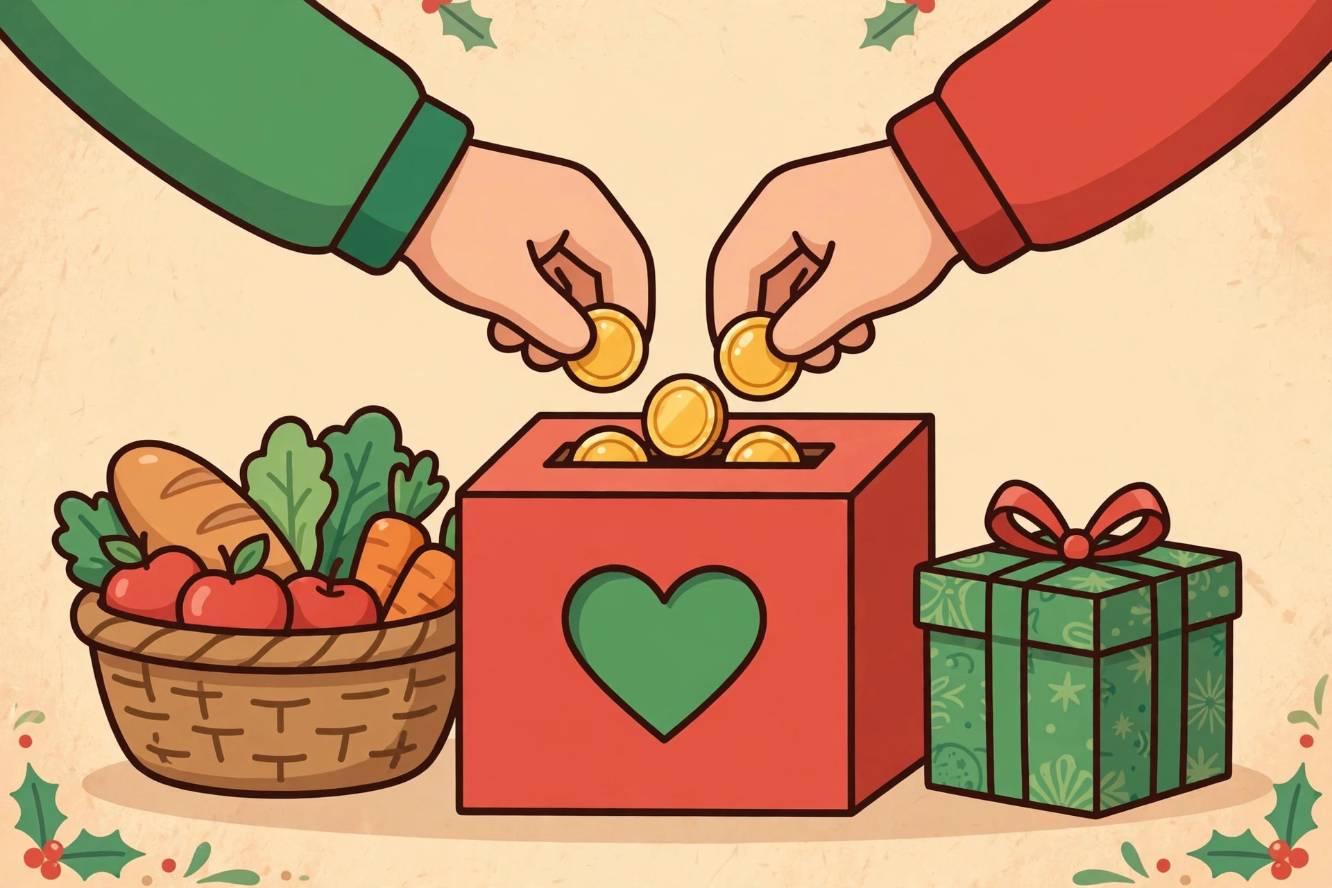 Cartoon of hands dropping coins into a red donation box with a heart, beside a food basket and a gift