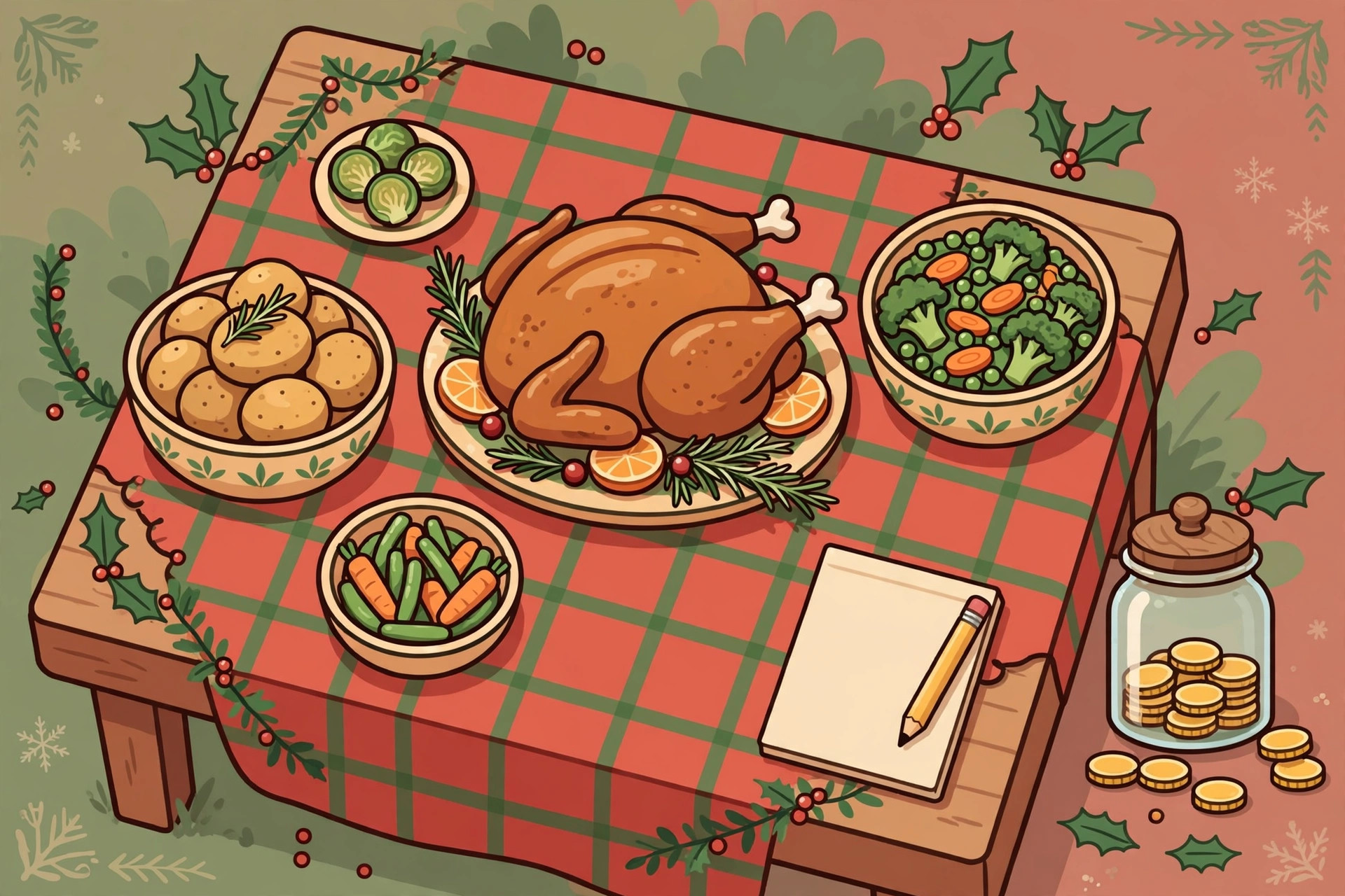 Cartoon of a Christmas dinner table with roast turkey, vegetable bowls, a blank notepad and a jar of coins