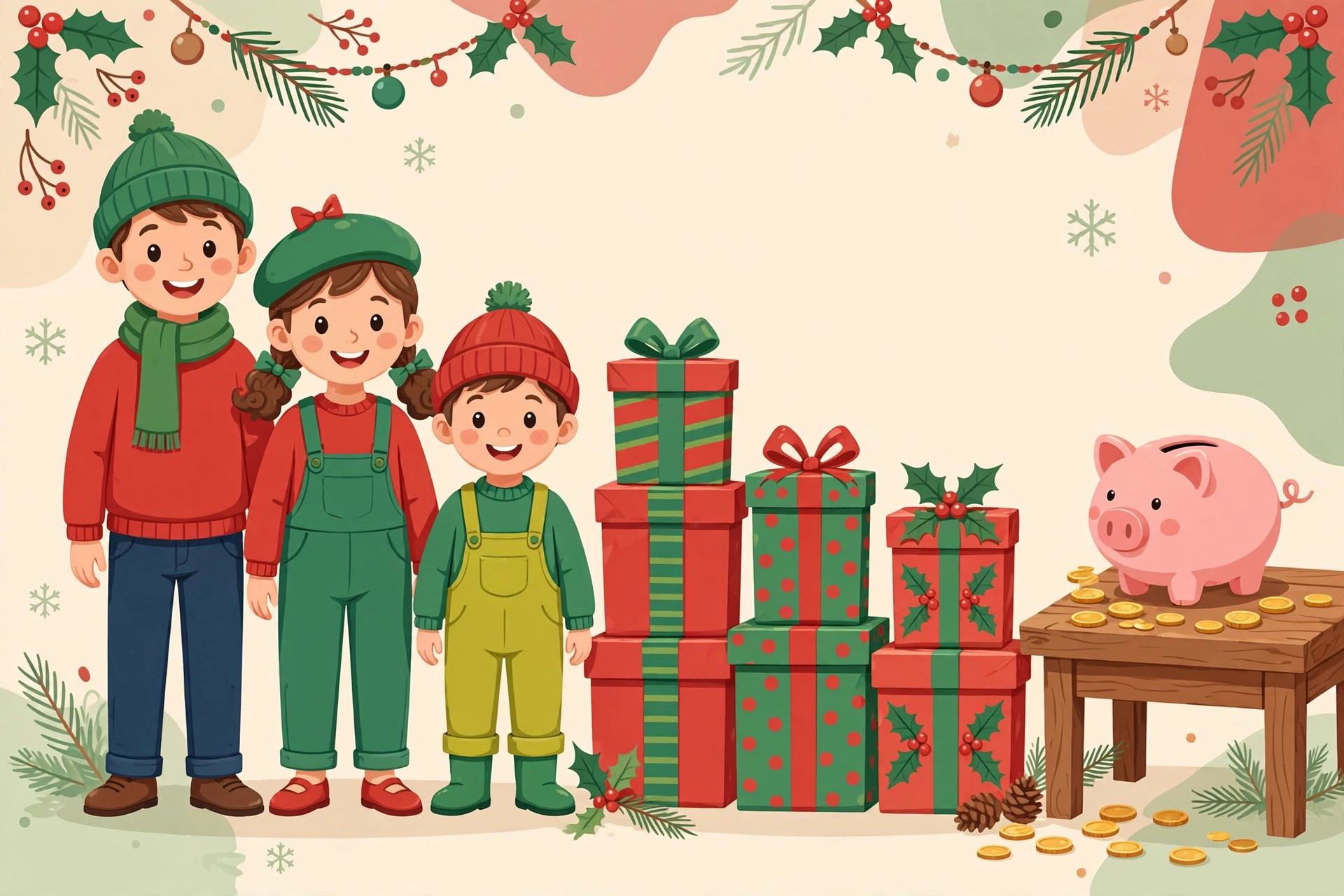 Cartoon of three children in winter clothes beside stacks of wrapped presents and a piggy bank