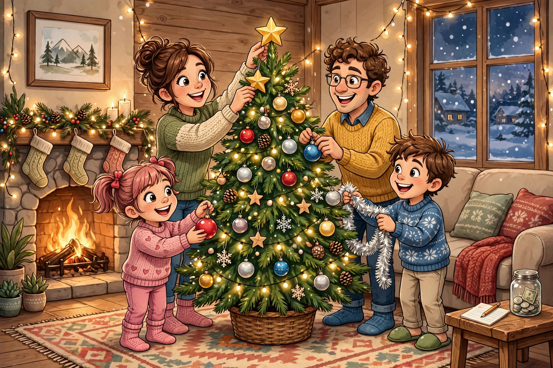 Cheerful cartoon of a family trimming a tree with a budget list, ornaments and savings jar nearby
