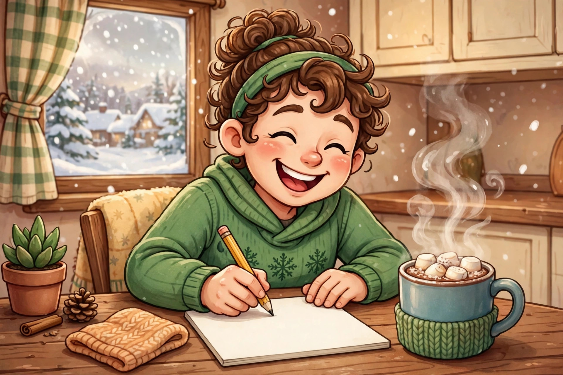 Cartoon of a person smiling while writing a holiday budget total on a notepad