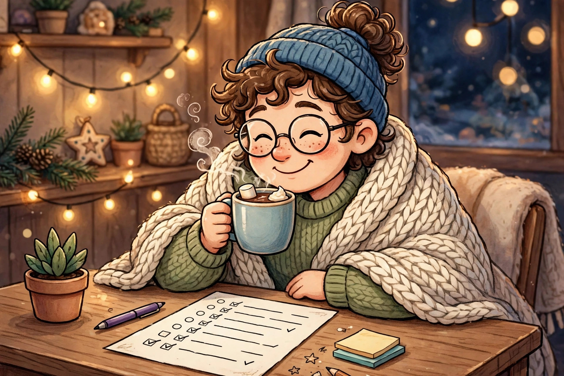 Cartoon of a person sipping cocoa and reviewing a one-page holiday money summary with a smile