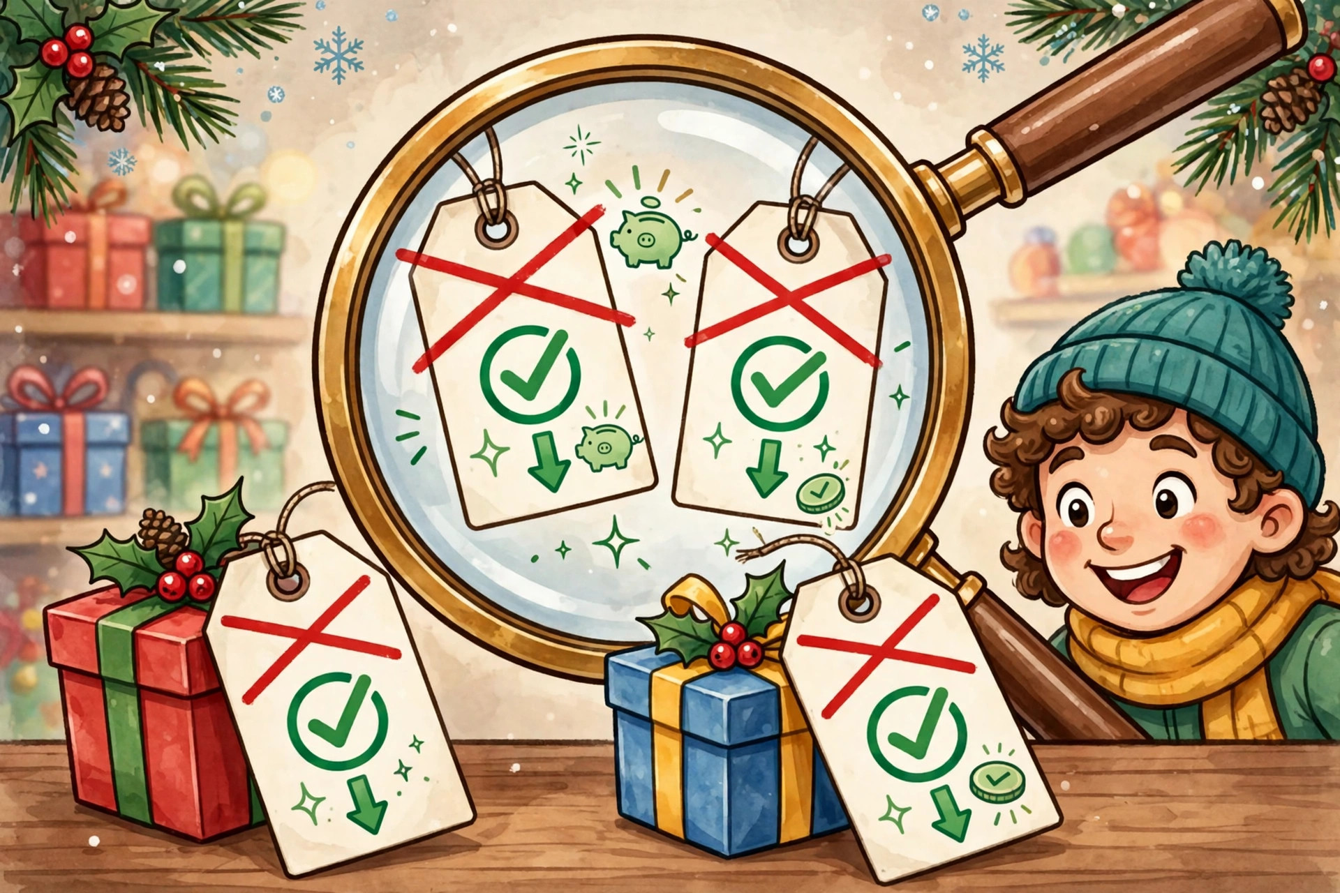 Cartoon of a magnifying glass over price tags comparing a past price with a sale price