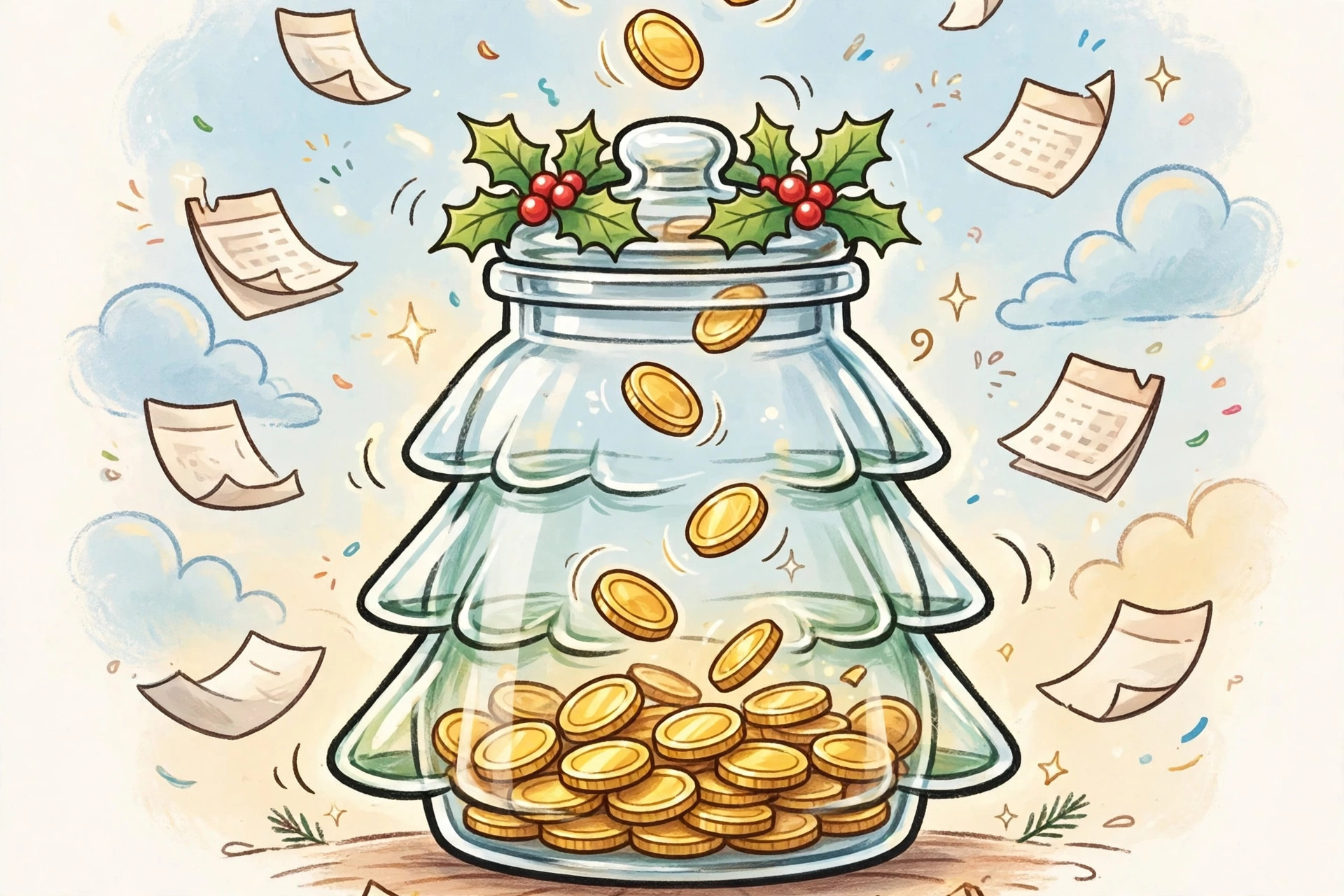 Cartoon of monthly coins dropping into a labeled holiday savings jar